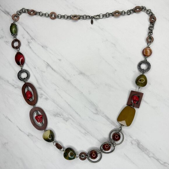 Chico's Chunky Red Green Mixed Media Statement Necklace Silver Tone ✨ - Picture 2 of 11